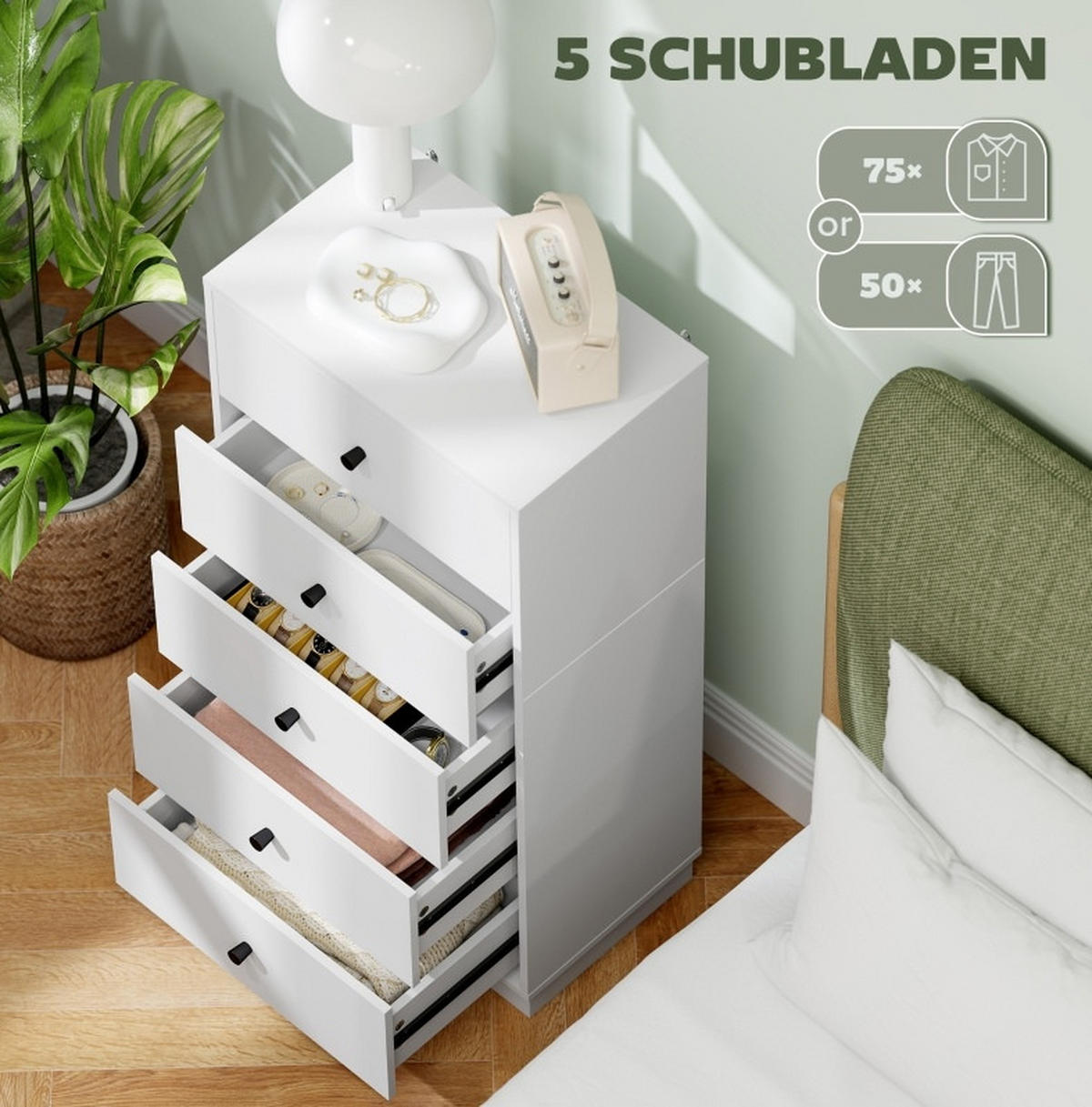 KOMMODE aus Holzwerkstoff 47x29x95 cm Weiß mit 5 Schubladen und Anti-Kipp-Schutz, modernes Design - Weiß, Holzwerkstoff (47/95/29cm) - Modfu