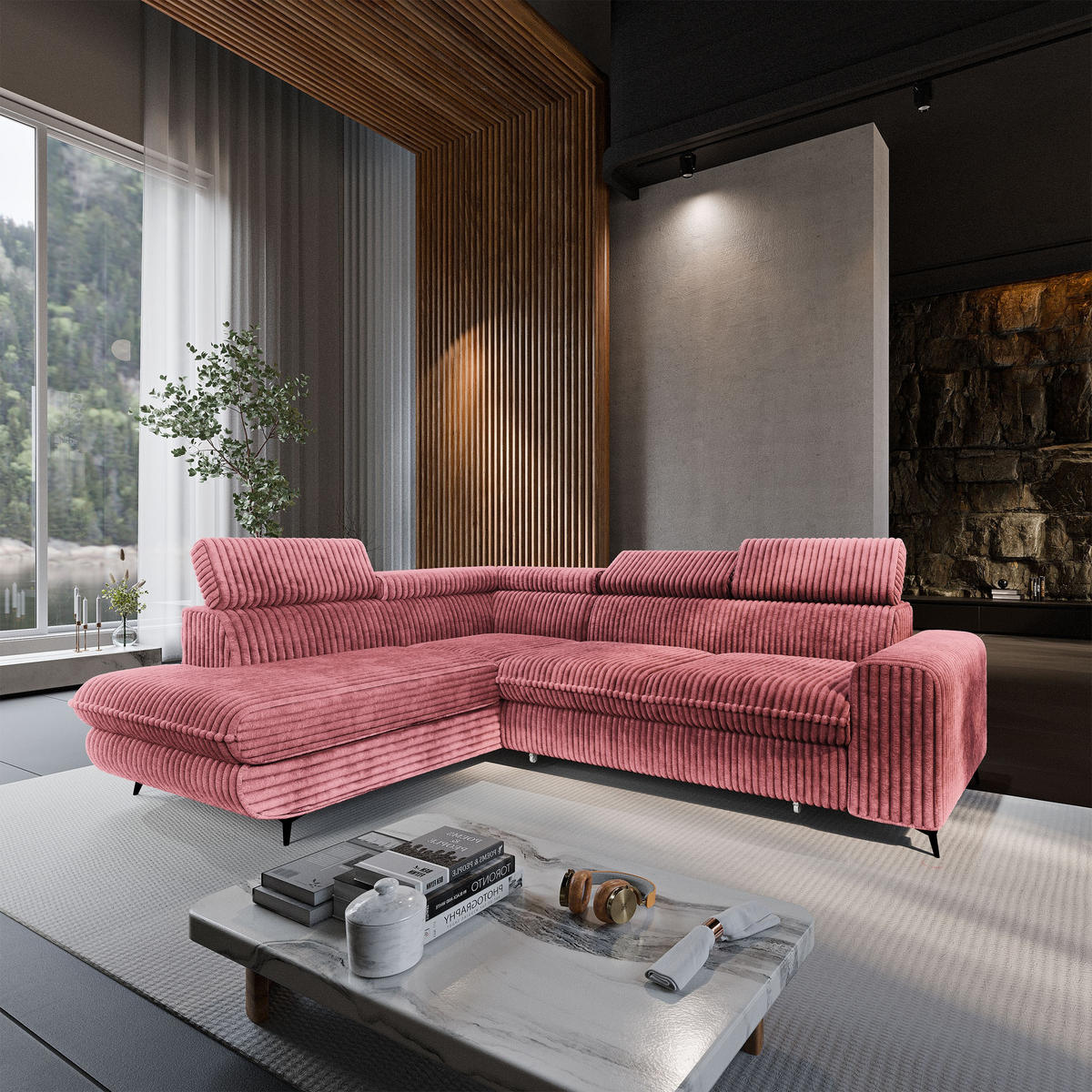 ECKSOFA VELISS Rosa Kordstoff mit Schlaffunktion - Rosa, Holz (255/193cm) - MASSENO