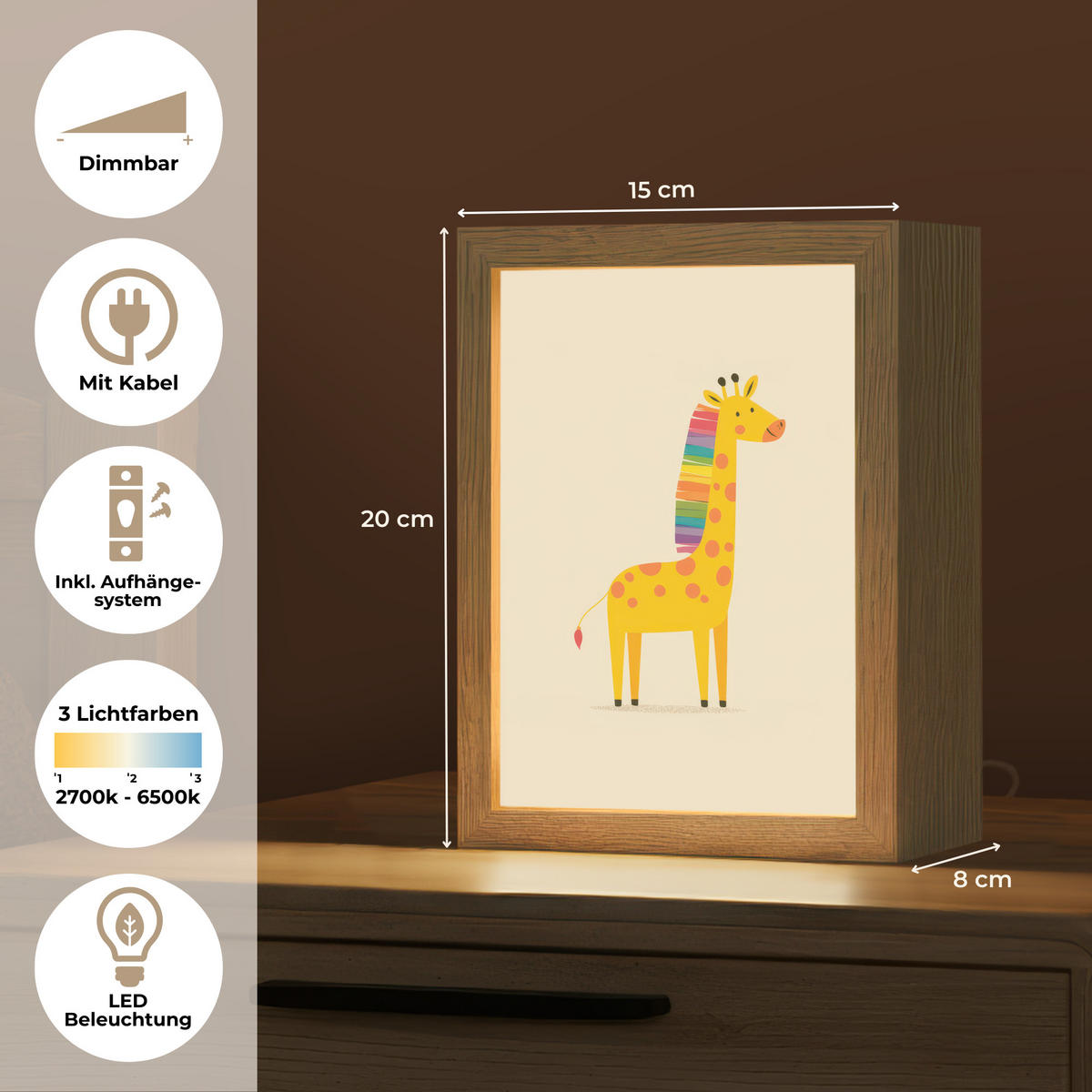 NACHTTISCHLAMPE Giraffe - Regenbogenmähne - Beige 15x20 cm - Beige, Holzwerkstoff (8/15/20cm)