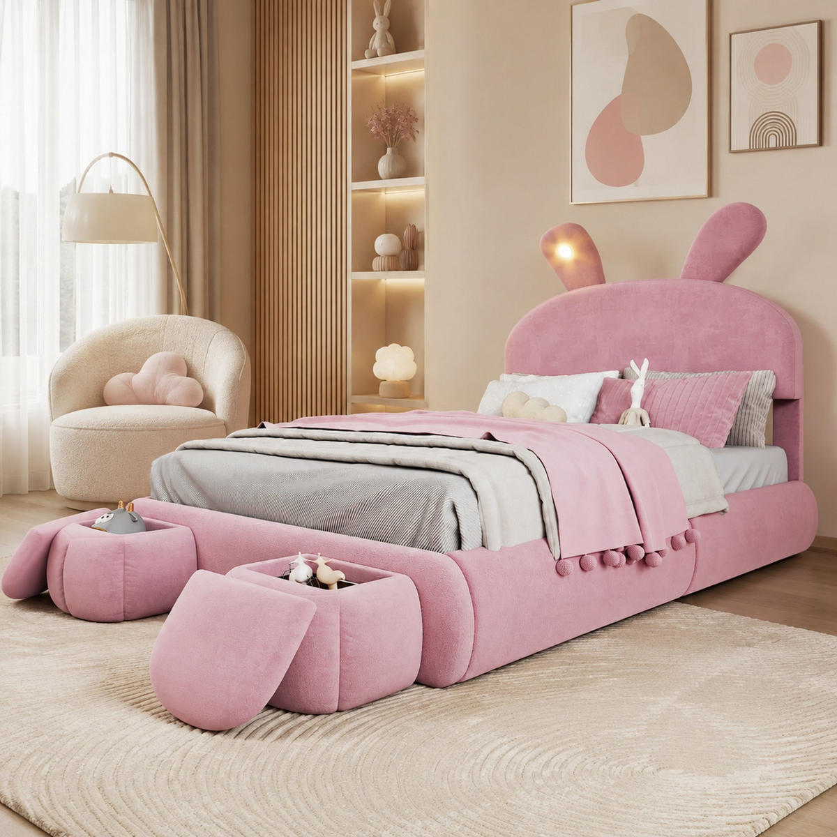 POLSTERBETT 140/200 mit Bettkasten, LED und Aufbewahrungshockern in Rosa - Rosa, Holzwerkstoff/Textil (140/200cm) - EVRYAE