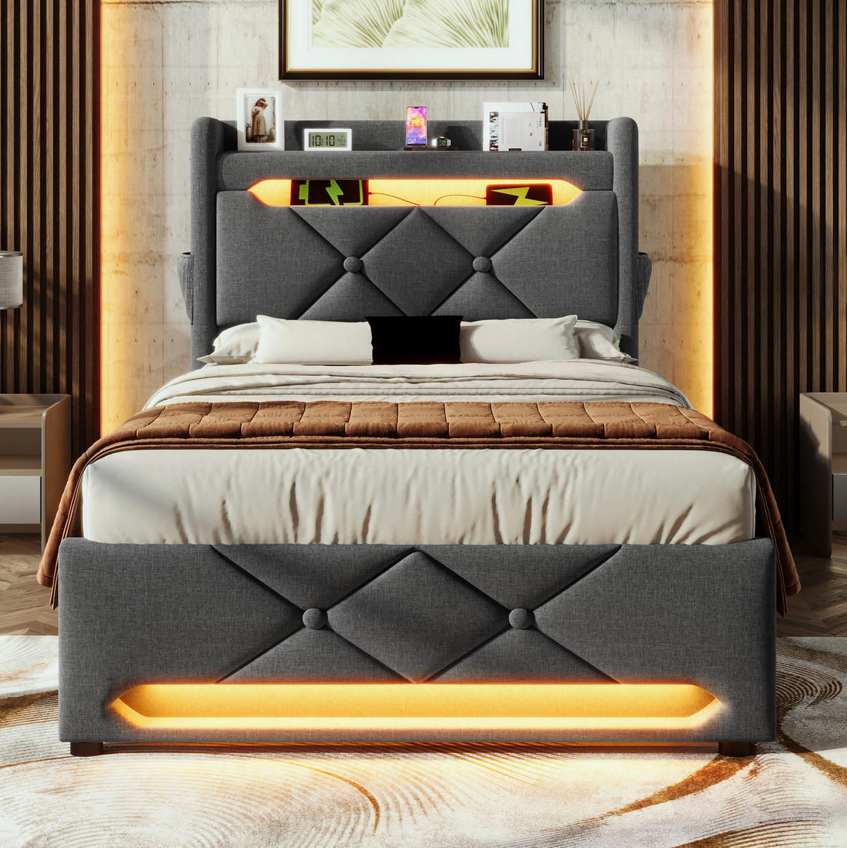 POLSTERBETT 90/200 cm mit 360°-LED, USB-C und hydraulischem Stauraumkopfteil,und Matratze, Grau - Grau, Textil (90/200cm) - Redom