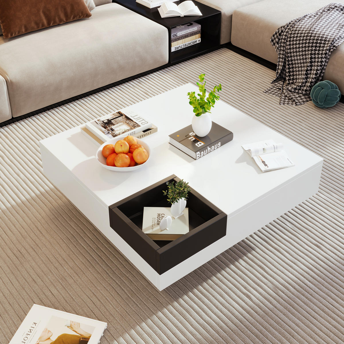 COUCHTISCH 72/72/30 cm hochglanz Weiß und Schwarz mit abnehmbarer Aufbewahrungsbox und LED-Lichteffekt - Weiß, Holzwerkstoff (72/72/30cm) - OKWISH