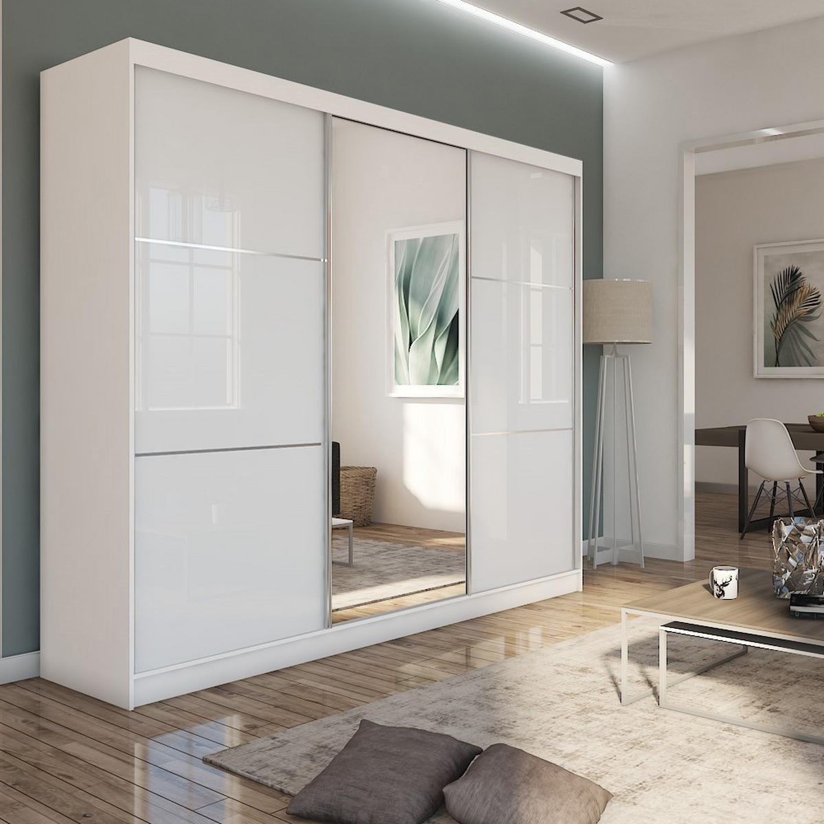 SCHWEBETÜRENSCHRANK VITALE 240/216/61 cm 3-türig mit Spiegel Weiß - Weiß, Holzwerkstoff (240/216/61cm) - MASSENO