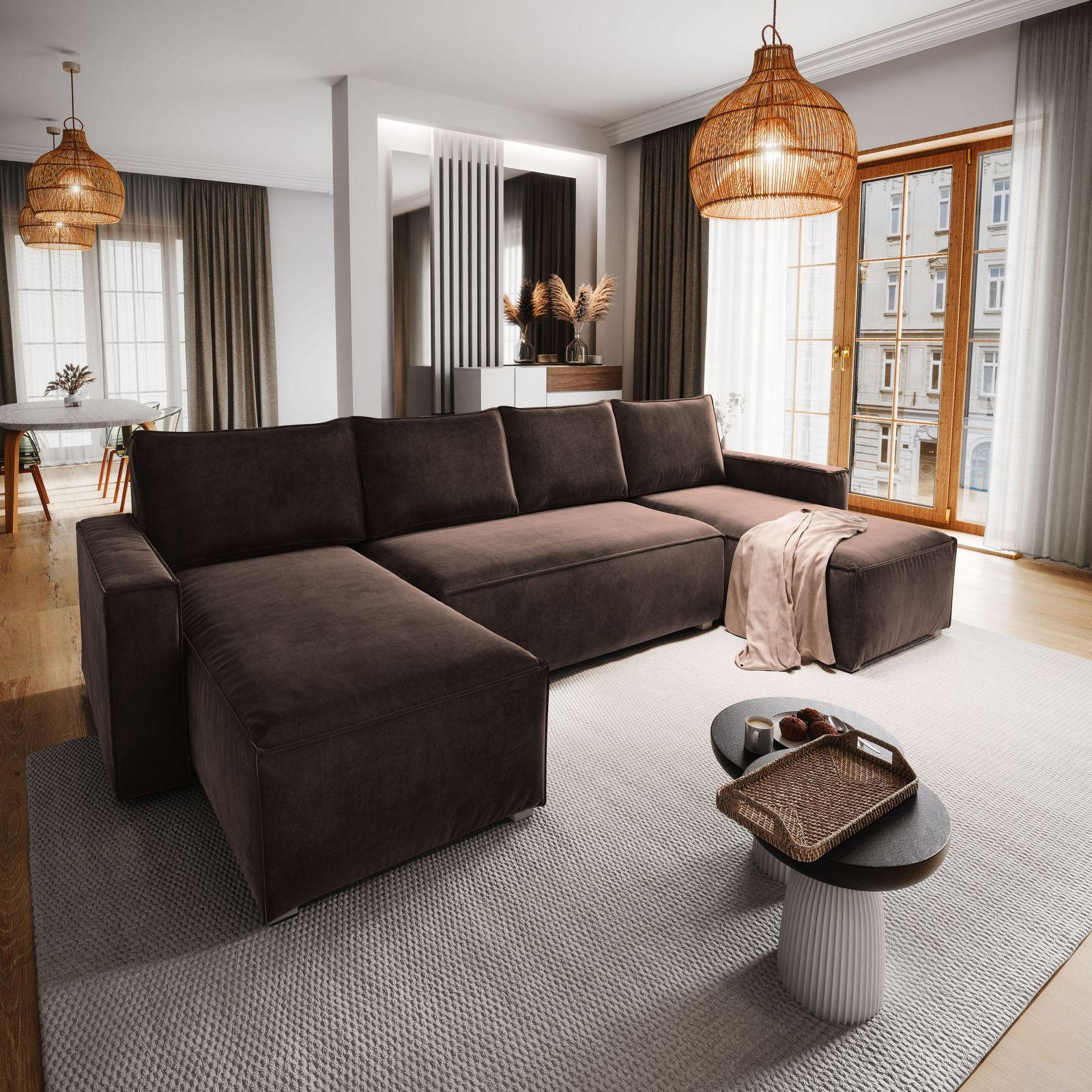 WOHNLANDSCHAFT DENI Braun Velours-Stoff mit Schlaffunktion - Braun, Holz (295/85/140cm) - MASSENO