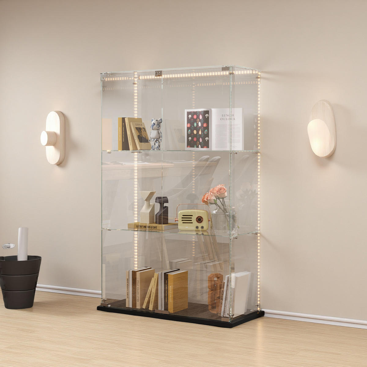VITRINE Doppeltür schwarzer Sockel mit LED, 3 Glasablagen - Schwarz, Glas (35/123.3/78.5cm) - SHOPENTRA