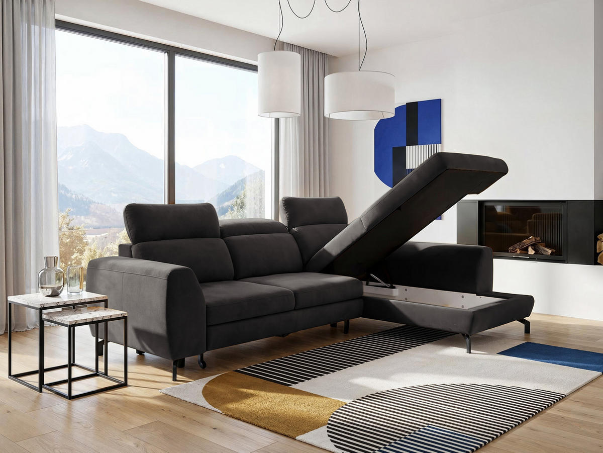 ECKSOFA ANTE Rechts, mit Schlaffunktion und Bettkasten, Dunkelgrau - Dunkelgrau, Textil/Metall (266/184cm) - Idohome