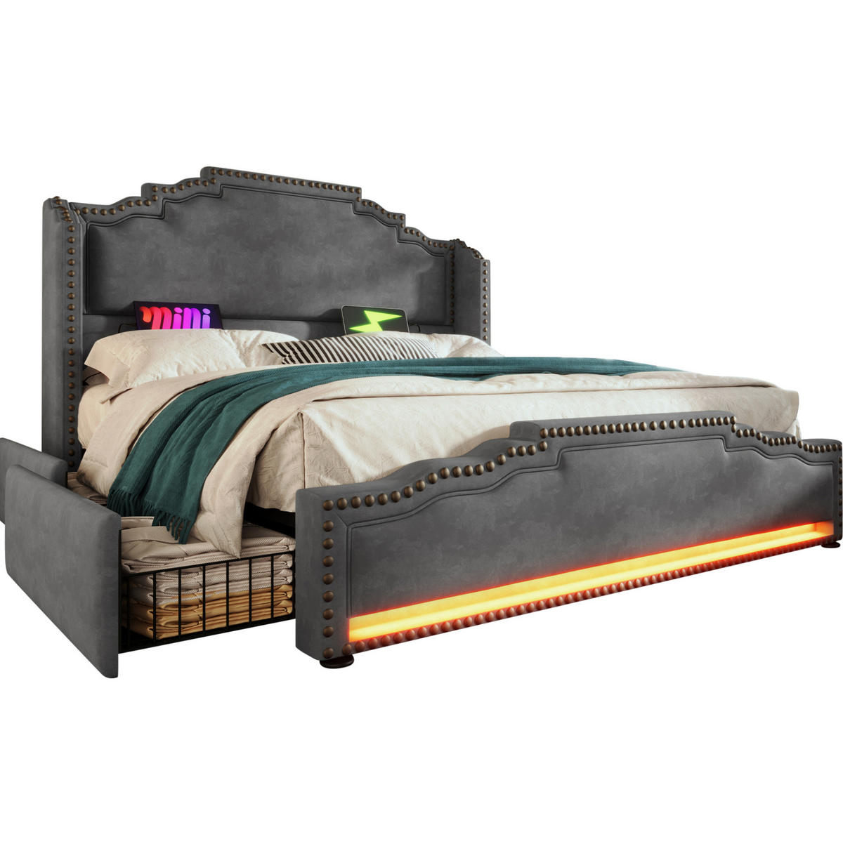 BETT mit 4 Schubladen, LED und USB-C 160x200 cm Samt Grau - Grau, Metall (160/200cm) - Meubliv