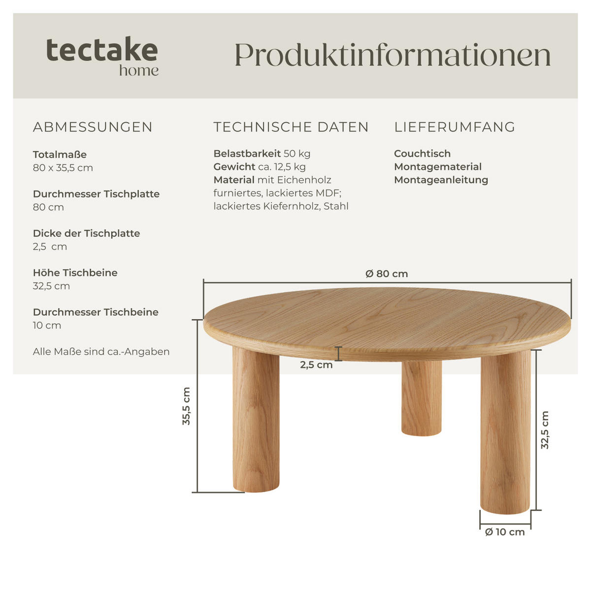 COUCHTISCH Sisi,bodenschonende Filzgleiter,Eiche hell - Eichefarben, Holz (80/80/35.5cm) - tectake