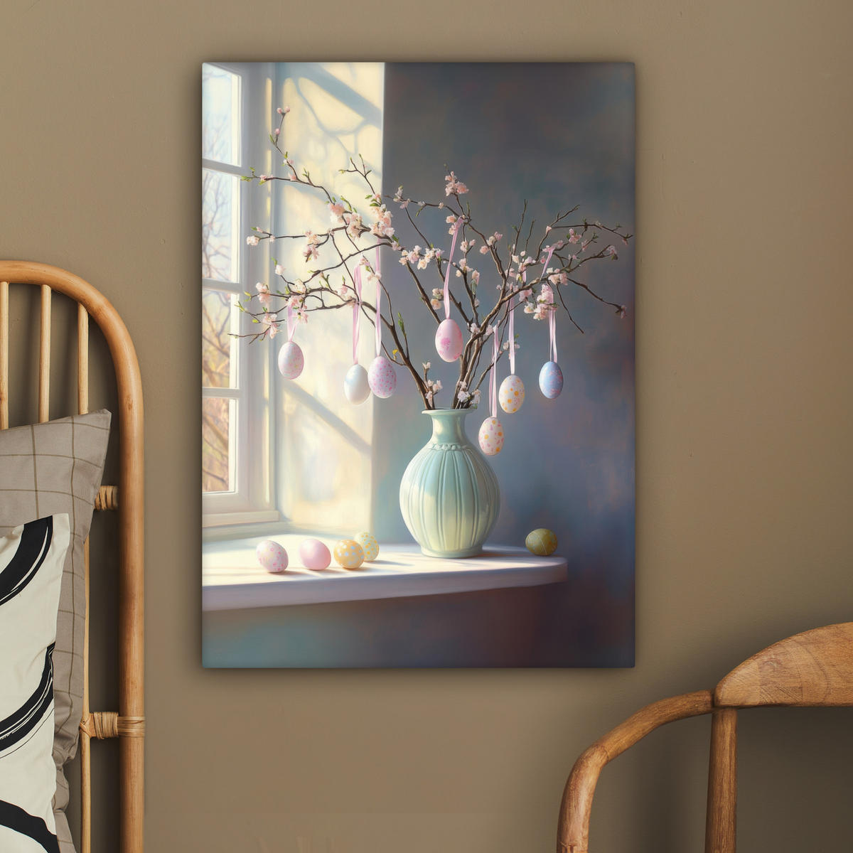 LEINWANDBILD Stillleben - Vase - Osterzweig Wandbild Wohnzimmer 60x80 cm - Hellblau, Textil (60/80cm) - MuchoWow