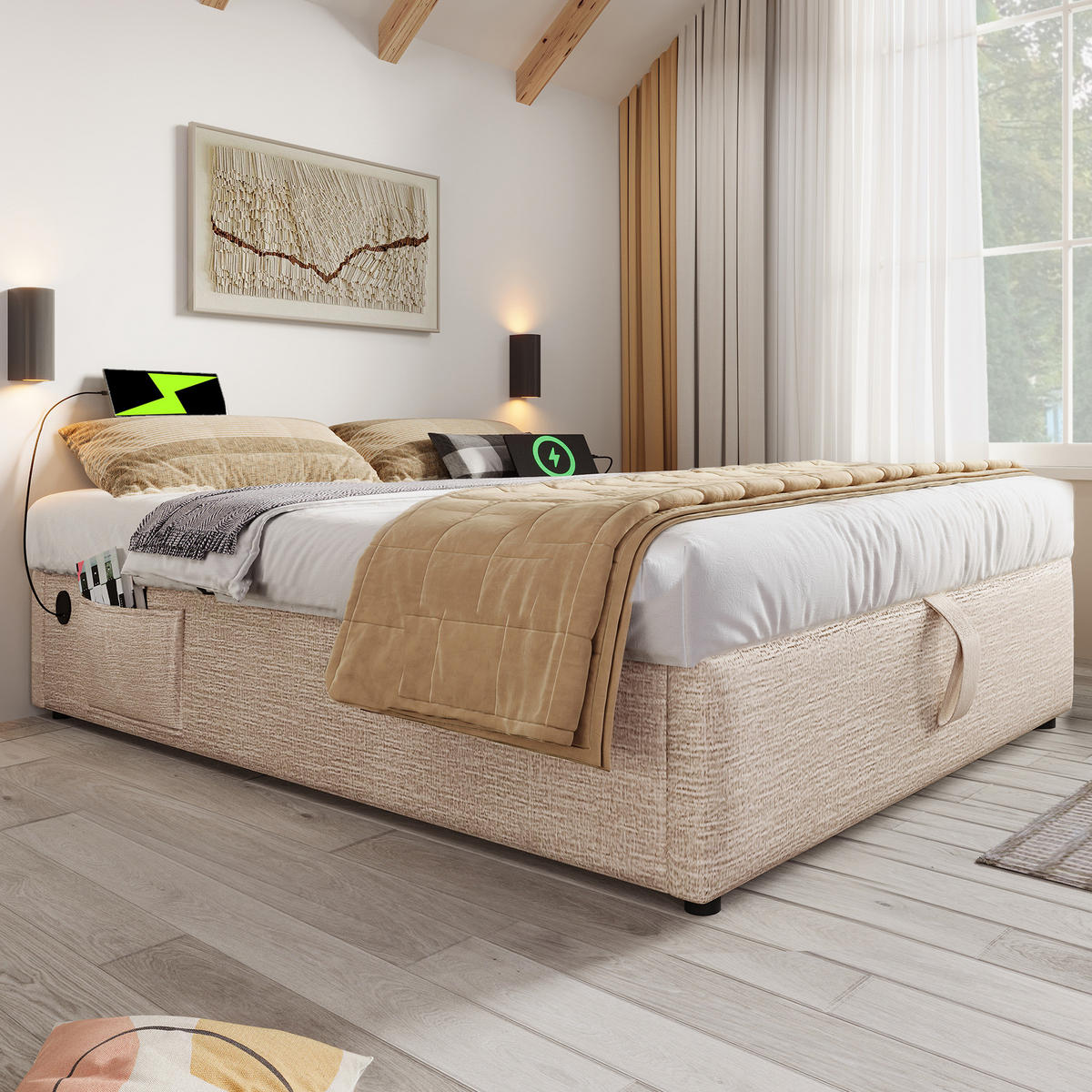 POLSTERBETT mit Stauraum 140x200 cm Leinen Natur mit USB-C - Beige, Metall (140/200cm) - Meubliv