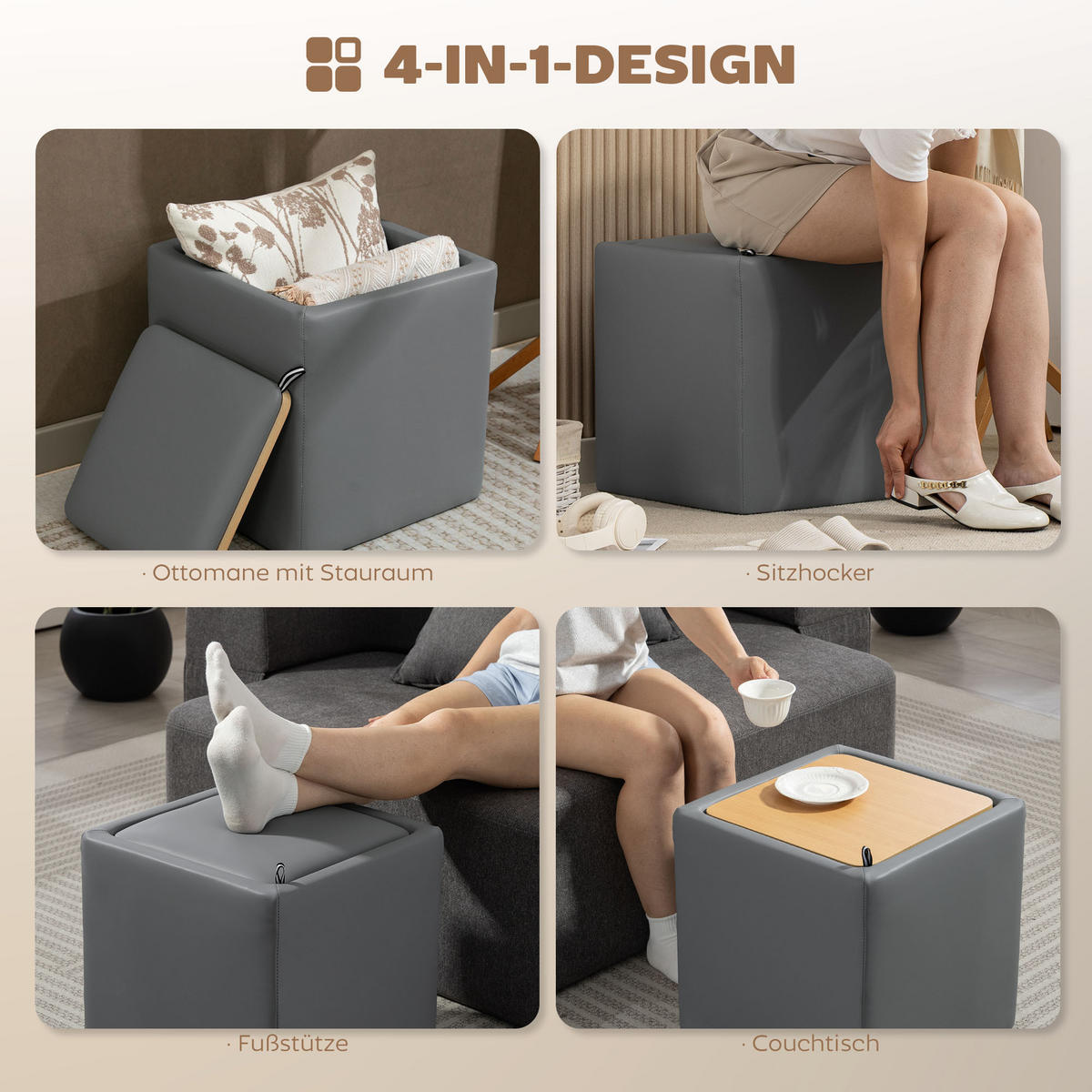 SITZHOCKER mit Stauraum Hocker mit Deckel, Quadratischer Fußhocker Sitzwürfel - Schwarz/Grau, Holzwerkstoff (40/40/40cm) - HOMCOM