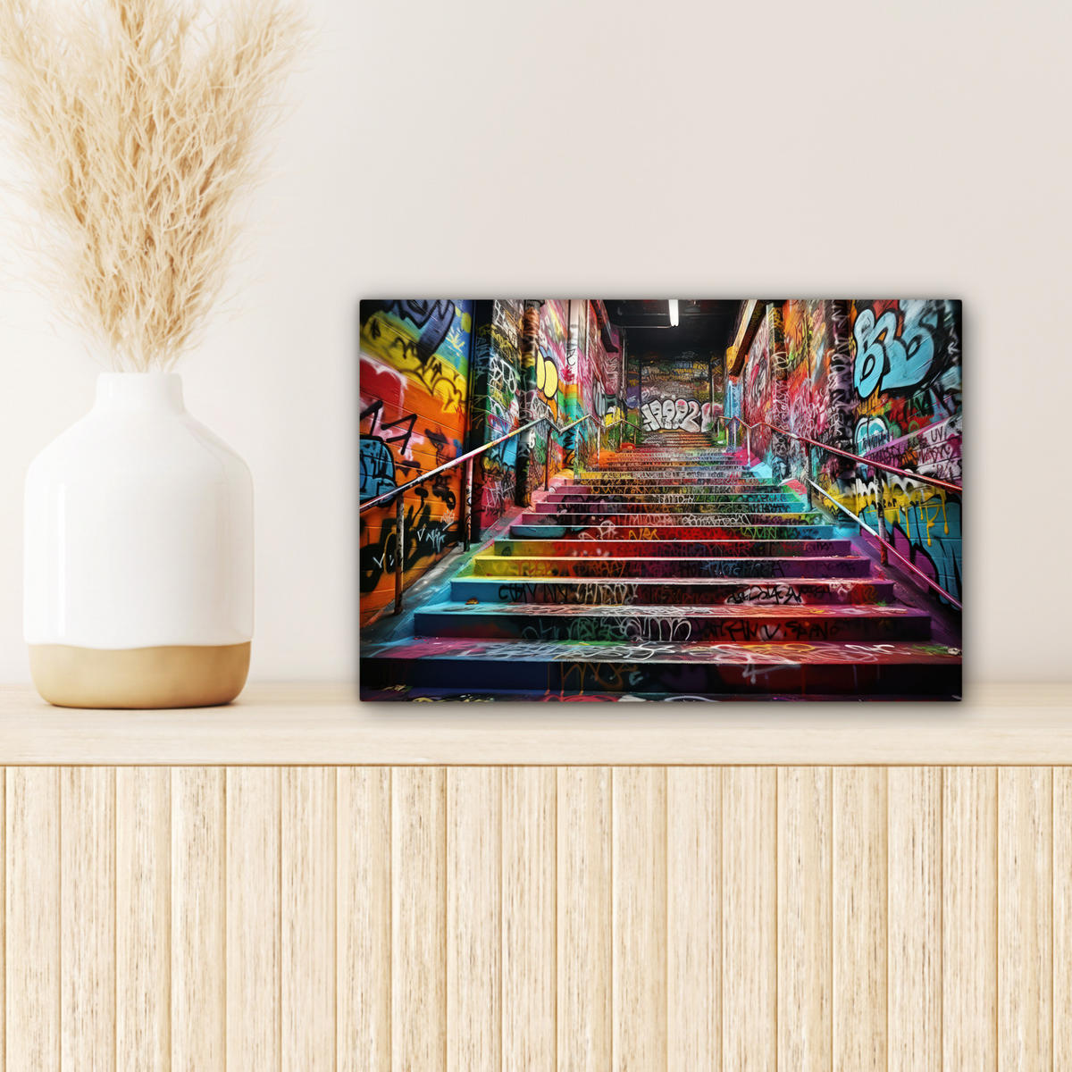 LEINWANDBILD Treppe - Graffiti - Farben - Kunst Deko Schlafzimmer 30x20 cm - Multicolor, Textil (30/20cm) - MuchoWow