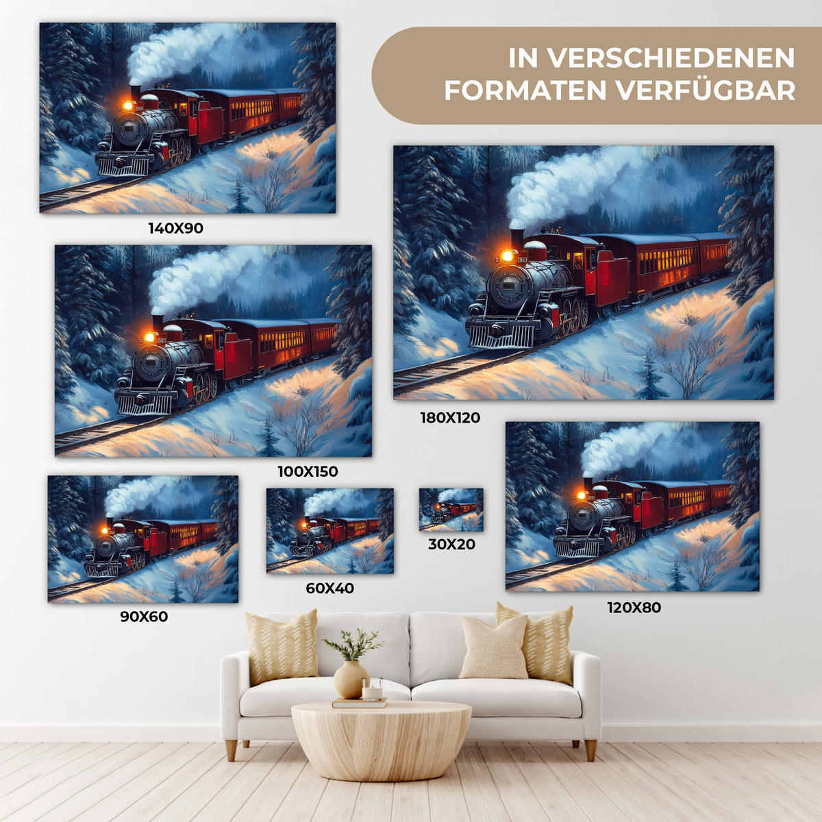 LEINWANDBILD Zug - Weihnachten - Schnee - Weihnachtszug 30x20 cm - Anthrazit, Textil (30/20cm) - MuchoWow