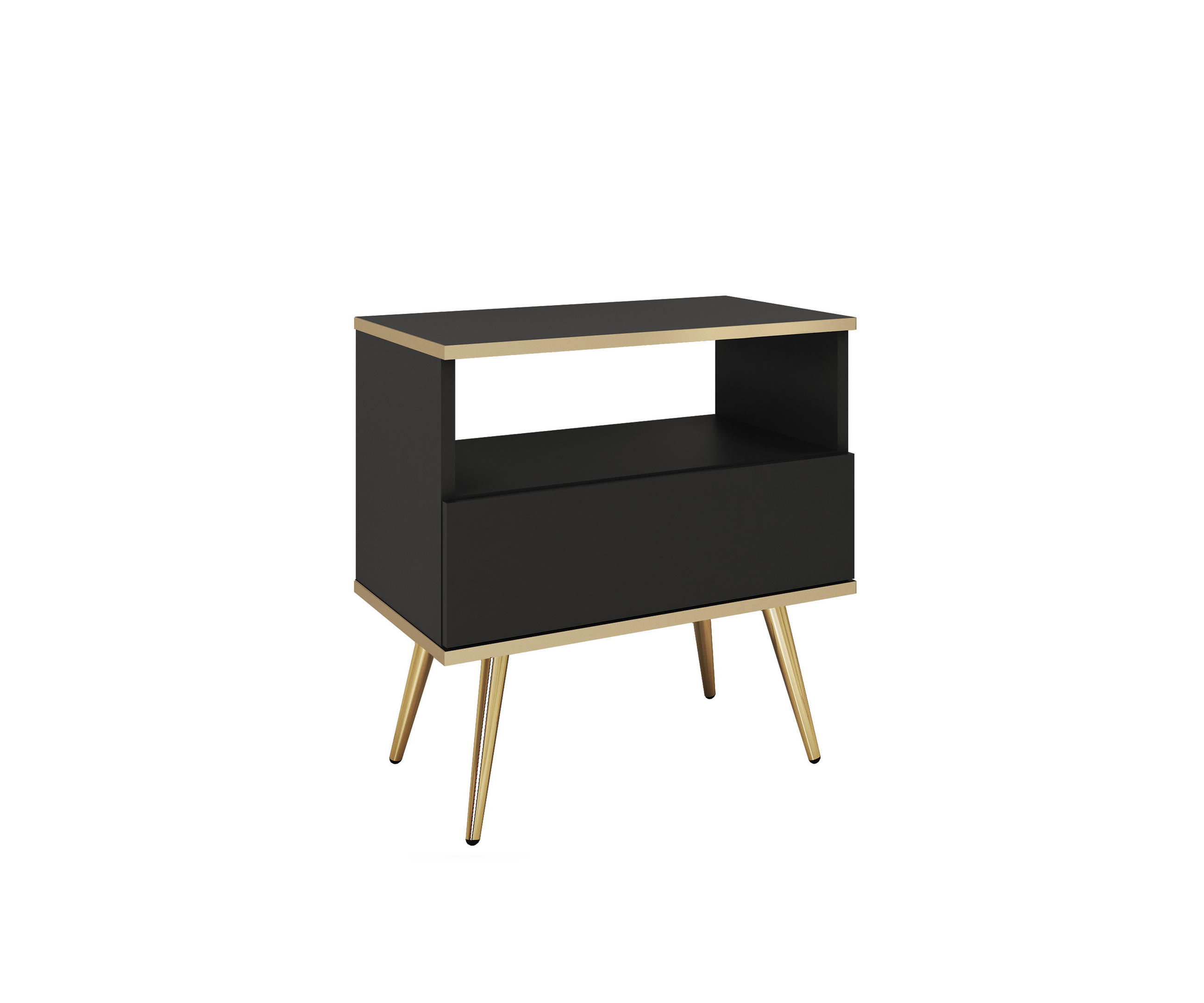 NACHTTISCH Schwarz - S-54, Hochglanz, Schubladen Push-to-Open 54x39x59 cm Schwarz/Gold - Goldfarben/Schwarz, Holzwerkstoff/Kunststoff (54/59/39cm) - DomoHome