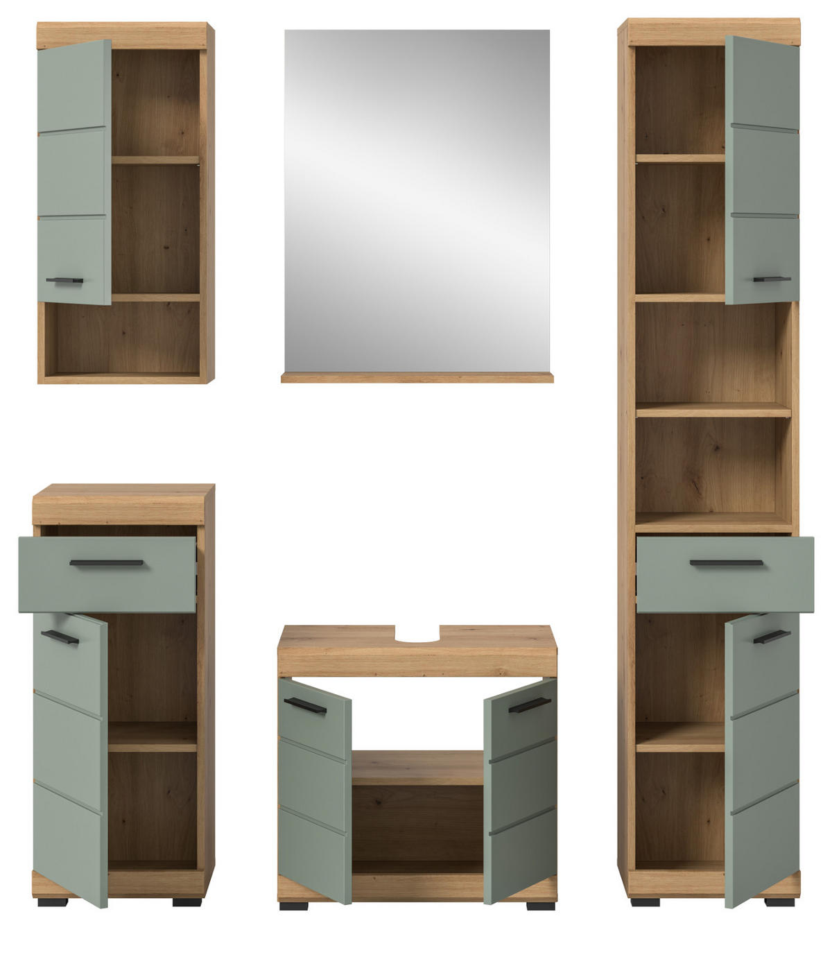 BADMÖBEL-SET Salbei grün, Eiche Artisan 5-teilig 164 cm, Komplettset mit viel Stauraum - Salbeigrün/Eiche Artisan, Glas/Holzwerkstoff (164/191/34cm) - Inn.Furn