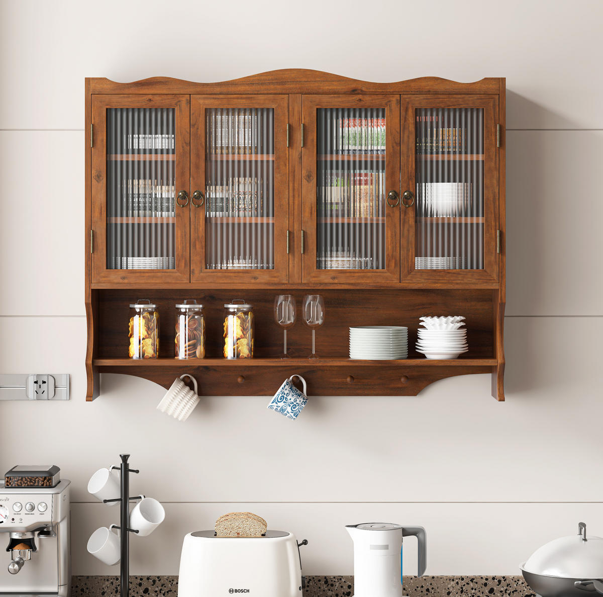 KÜCHENOBERSCHRANK 100/20/80 cm aus Massivholz und Glas mit 4 Türen und Hakenleiste Braun - Braun, Holz (100/80/20cm) - Modenvie