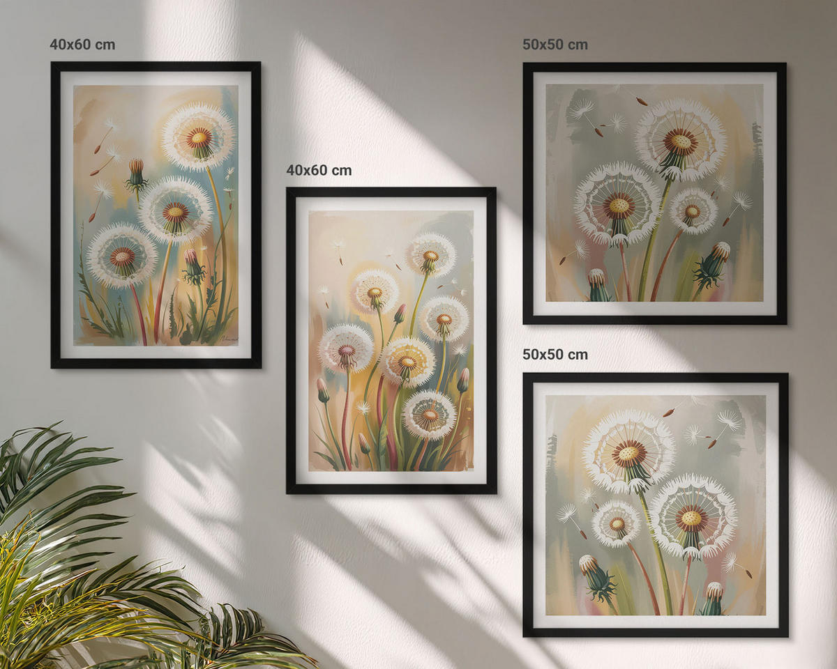 BILDER SET 4er Set - 50x50 cm & 40x60 cm Schwarzer Rahmen - Löwenzahnblüten, pastellfarbene Gräser - Schwarz, Kunststoff (50/50cm) - TULUP