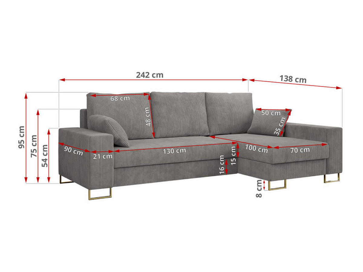 ECKSOFA Dorian Cord Hellgrau - Goldfarben/Hellgrau, Textil/Metall (242/138cm) - MKS