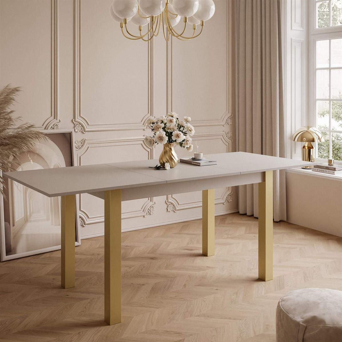 ESSTISCH ARTON GOLD ausziehbarer Tisch 140-195 cm Klapptisch Wohnzimmer - Beige/Goldfarben, Holzwerkstoff/Metall (140/80/77cm) - Lookway
