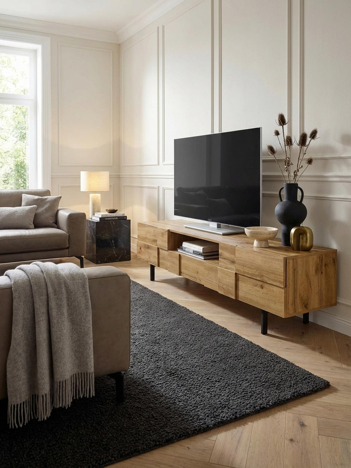 LOWBOARD Eiche-Dekor Modern Stil mit Kachelmuster für Konsolen und DVDs - Schwarz/Braun, Holz/Metall (160/46/43cm) - KADIMA DESIGN