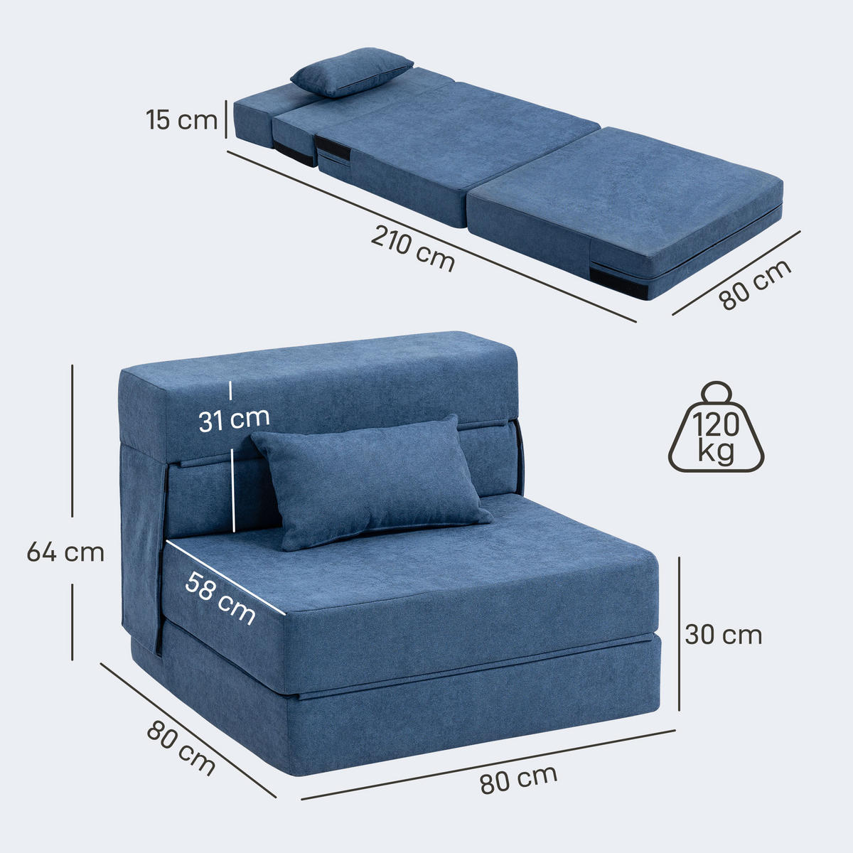 SCHLAFSESSEL 3 in 1 mit Bettfunktion 210L x 80B x 15H cm Dunkelblau - Blau, Kunststoff (80/15/210cm) - HOMCOM