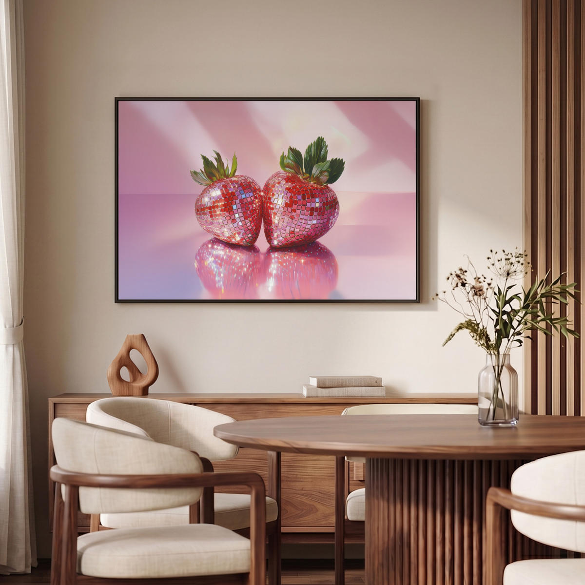 LEINWAND Bilder mit Rahmen - Disco - Obst - Glitzer - Erdbeere - 90x60 - Pink, Textil (90/60cm) - MuchoWow