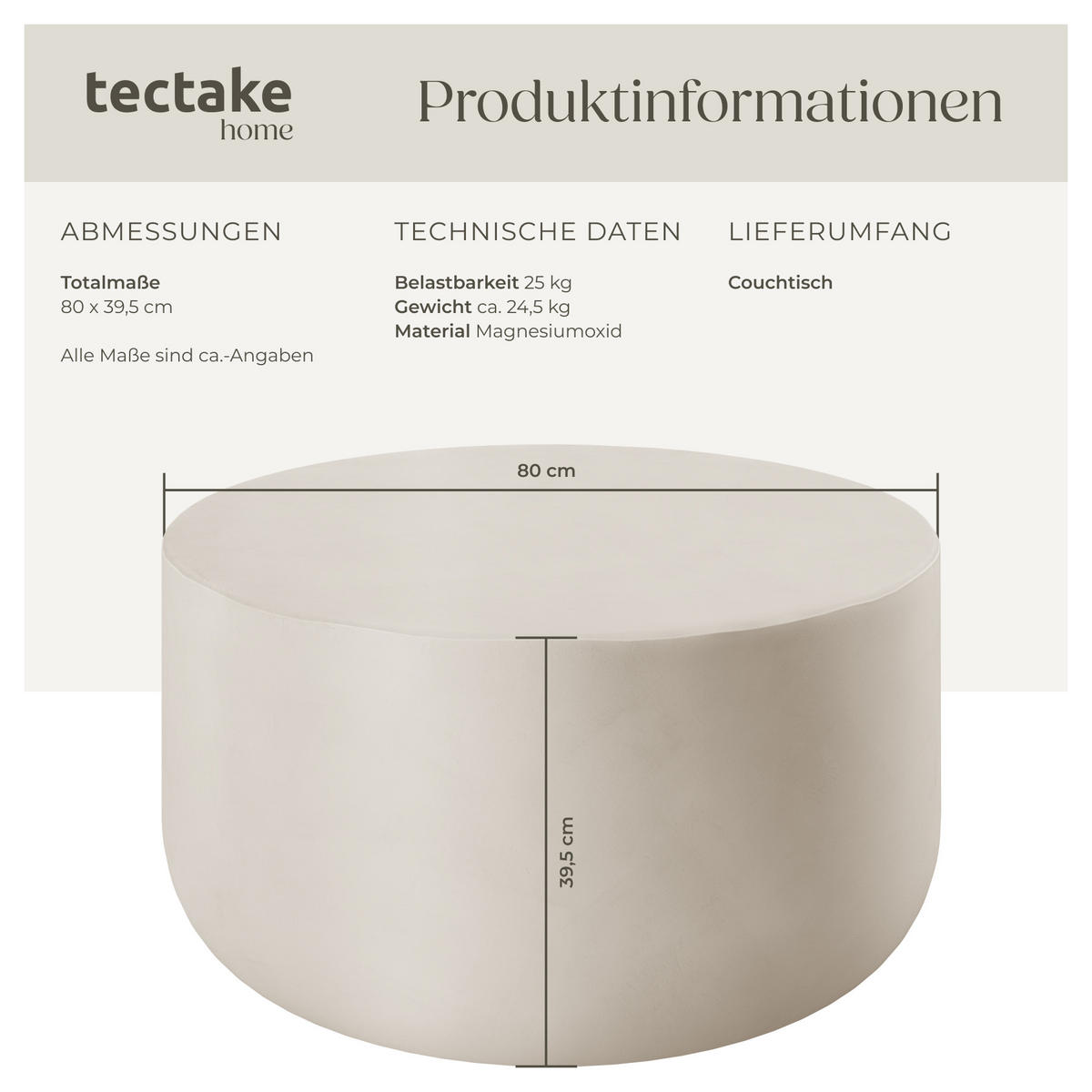 COUCHTISCH rund Ronan, 80 x 39, 5 cm, weiß - Weiß, Keramik (80/80/39.5cm) - tectake