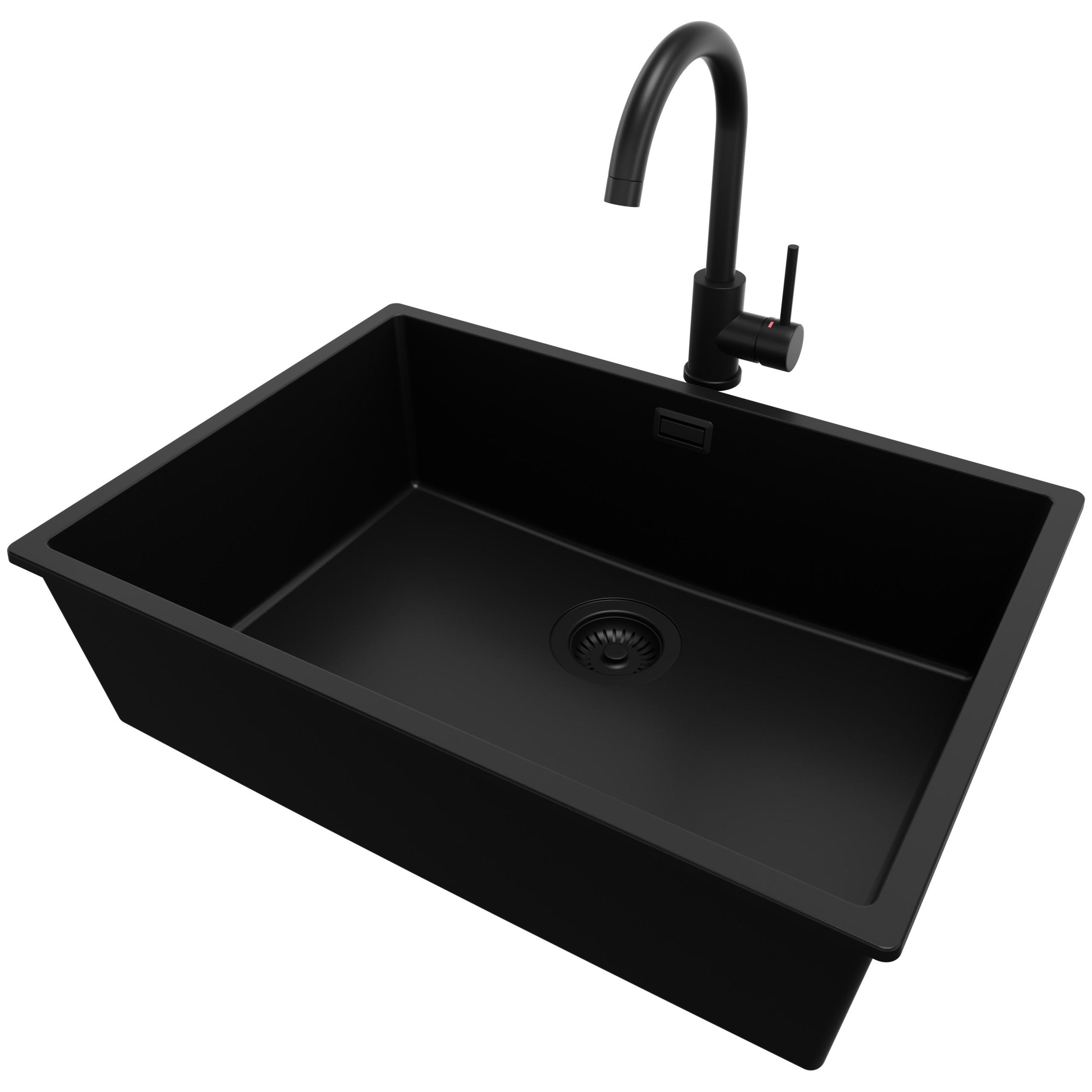 GRANITSPÜLE London, 3-er set Alles Schwarz 66/47 cm, 1 Becken + Küchenarmatur 32/20 cm + Ablauf-Set ab 70er Unterschrank - Schwarz, Kunststoff (66/20/47cm) - Primagran