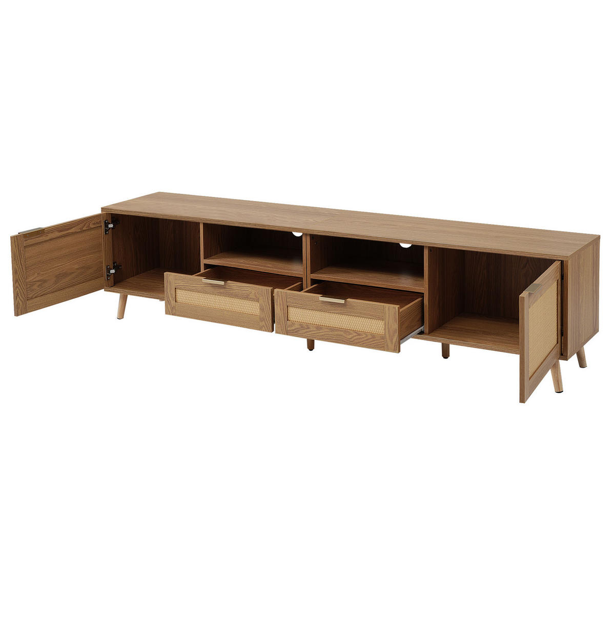 TV-SCHRANK aus Holzwerkstoff 200x37x49 cm Eiche mit 2 Türen, 2 Schubladen, Rattandesign und verstellbaren Füßen - Braun, Holzwerkstoff (200/49/37cm) - Modfu