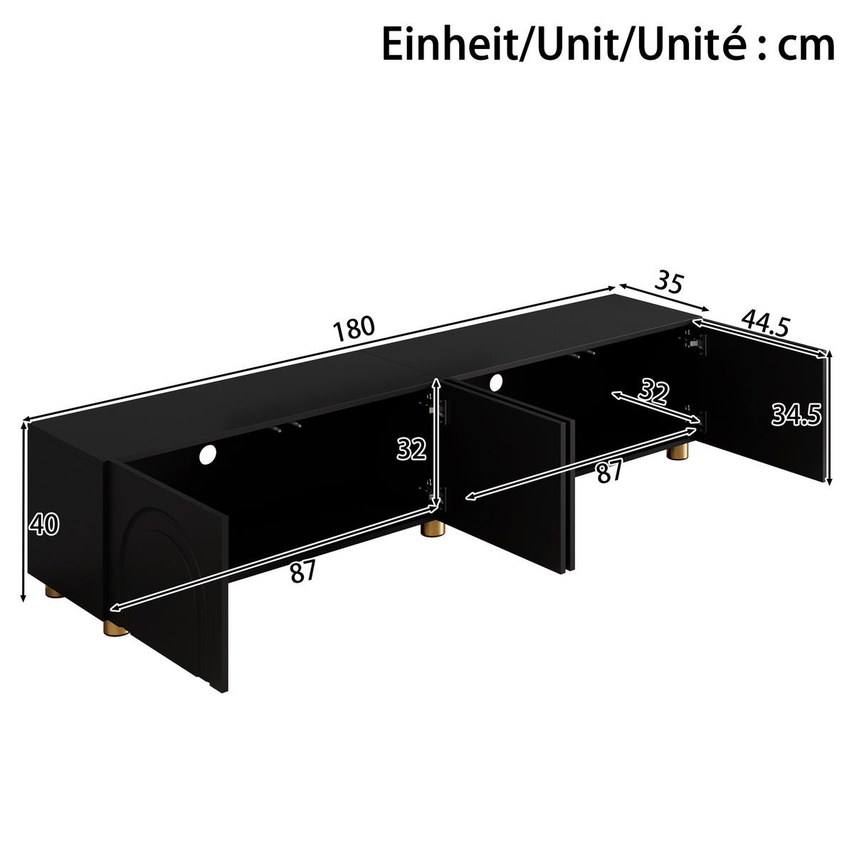 TV-SCHRANK mit 4 Türen 180 x 35 x 40 cm Schwarz mit Metallfüßen - Schwarz, Holzwerkstoff (35/40/180cm) - Beauniv