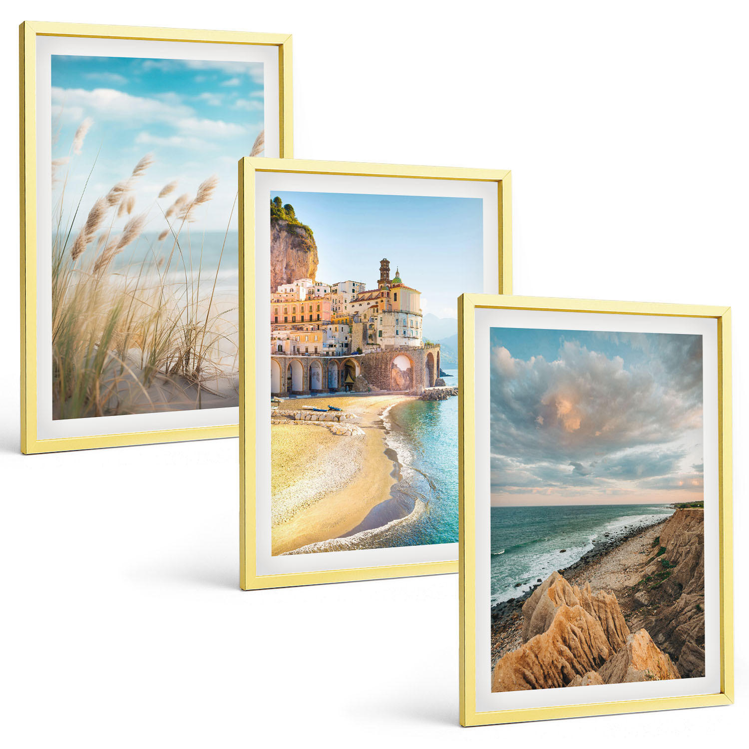 BILDER SET 3er Set - 40x60 cm Goldrahmen - Landschaften Strand Klippen Stadt - Goldfarben, Kunststoff (40/60cm) - TULUP