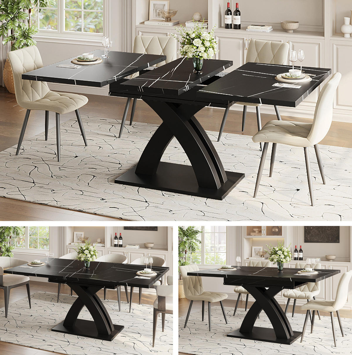 ESSTISCH 120(160)/80/76 cm ausziehbar mit versteckter Einlegeplatte und X-Gestell, Schwarz - Schwarz, Holzwerkstoff (120/80/75cm) - Redom