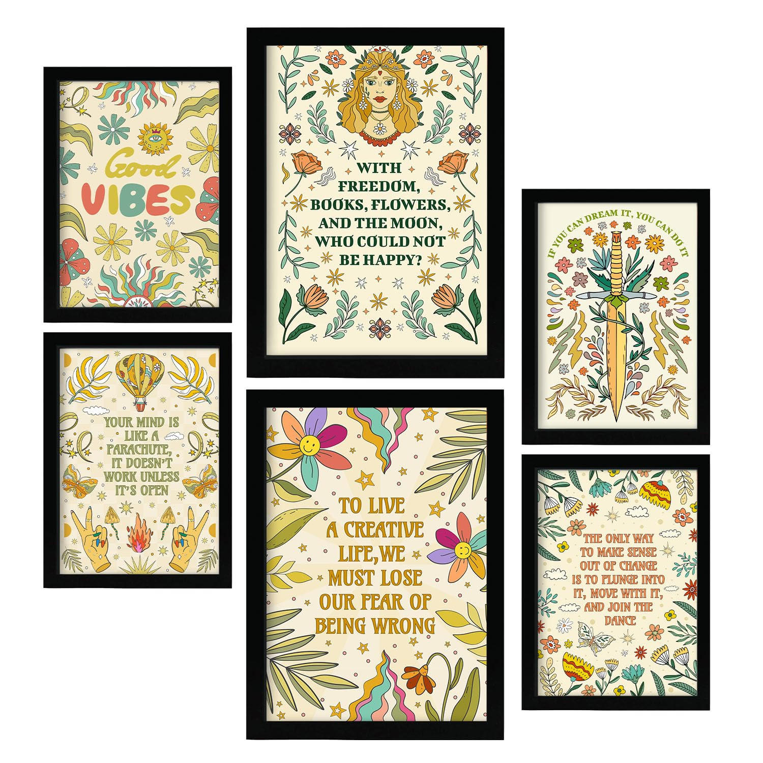 POSTER Set Mit 6 Abstimmungen Von Stimmung Der Brillanten Postersammlung Im Groovy Dekorative Für Zuhause Wandkunstdruck A3 & A4 Schwarzer Rahmen - Schwarz, Papier (29/3cm) - Nacnic