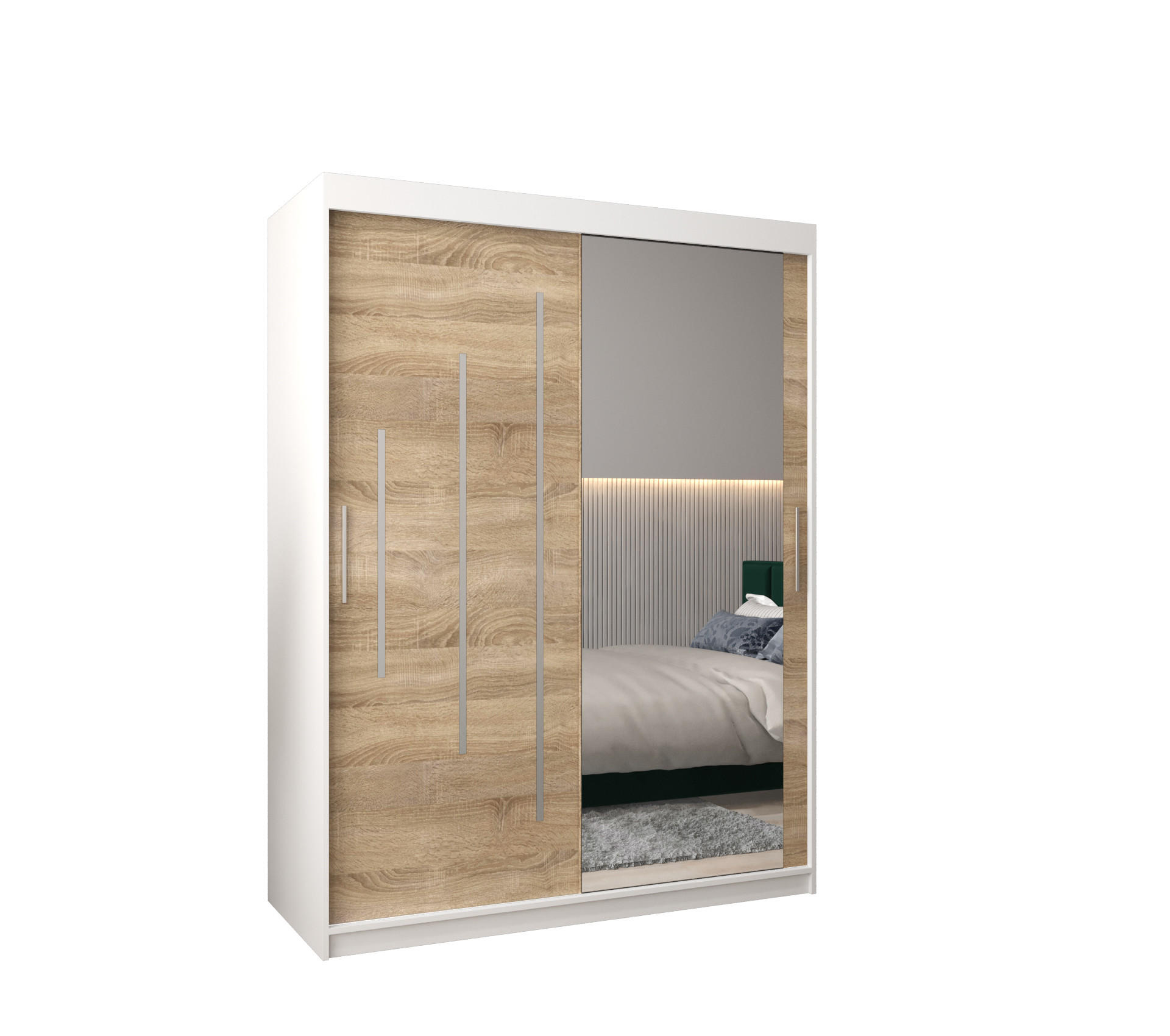 Abiks Möbel Schwebetürenschrank Weiß, Sonoma Eiche 150x200x62 cm