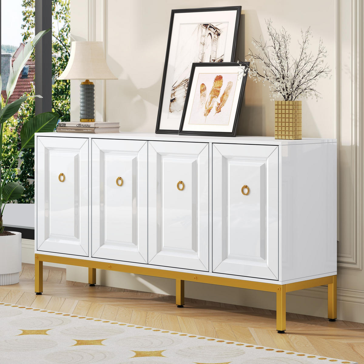 SIDEBOARD in Hochglanz Weiß mit goldenen Metallbeinen und eleganten Ringgriffen, 140/40/80 cm, Weiß/Gold - Weiß, Holzwerkstoff (140/80/40cm) - Redom