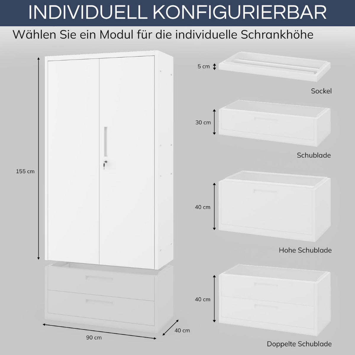 METALLSCHRANK mit Doppel-Schublade MEGAN 195x90x40cm Weiß - Weiß, Metall (90/195/40cm) - Jan Nowak
