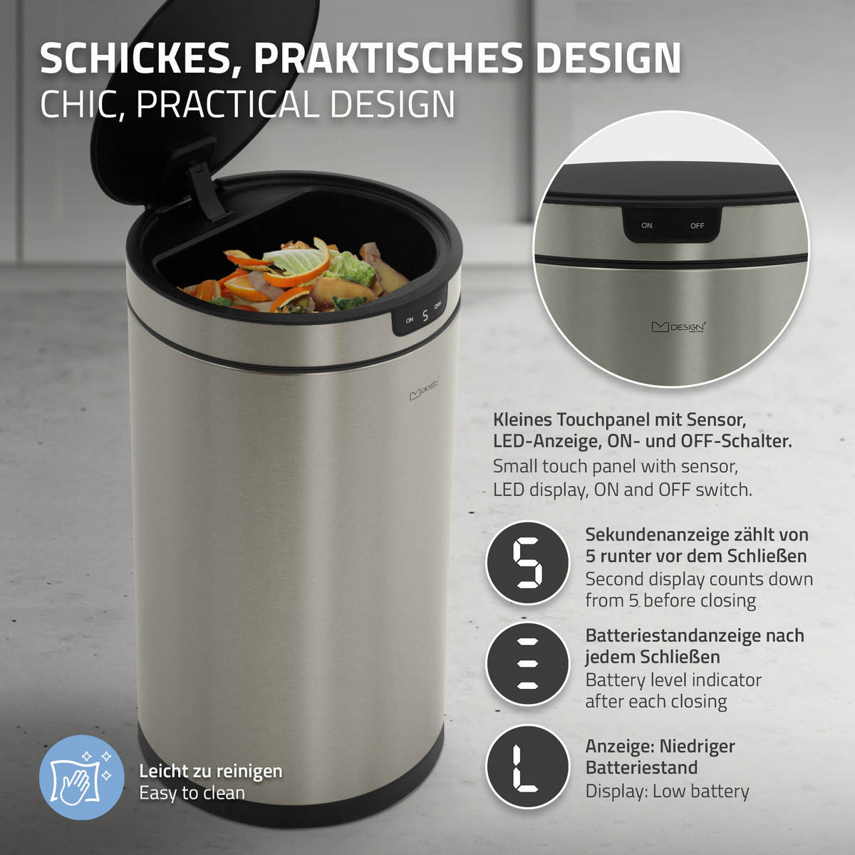 MÜLLEIMER mit Sensor 30L rund aus Edelstahl Silber - Silberfarben, Metall (29/52/29cm) - ML-DESIGN