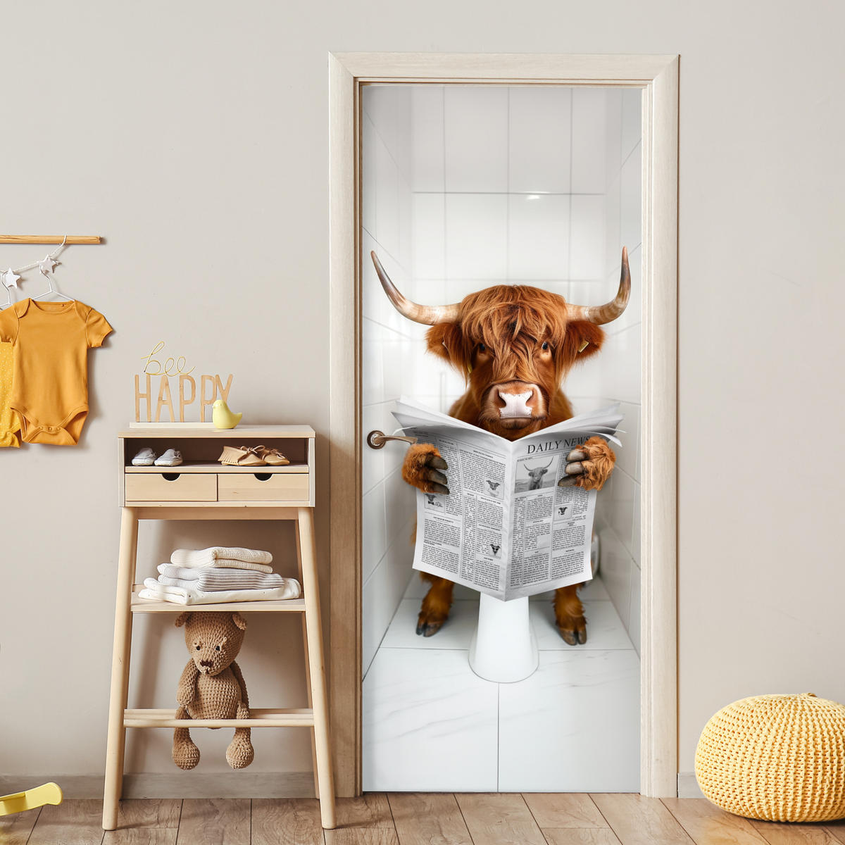 FOTOTAPETE Tür - Schottisches Hochlandrind - Zeitung - WC - Tier 95x215 cm - Weiß, Kunststoff (95/0.1cm) - MuchoWow