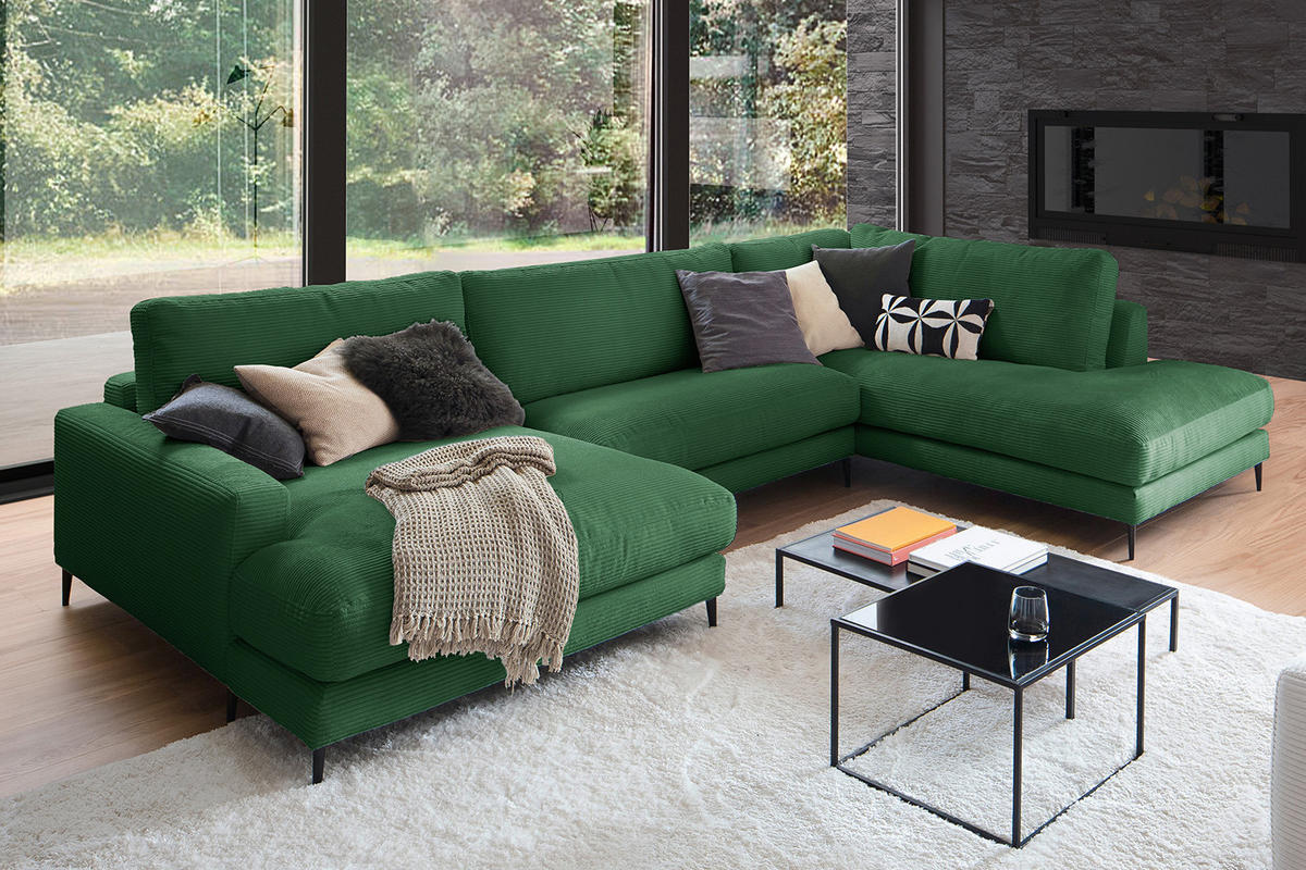 WOHNLANDSCHAFT CARA Smaragdgrün Cord - Smaragdgrün/Schwarz, Textil (341/84/223cm) - KAWOLA