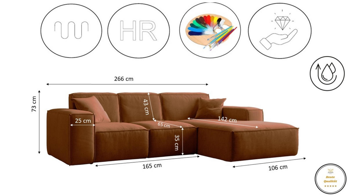 ECKSOFA L-Form Siena Stoff Salvador Kupfer Rechts - Orange, Holz (266/165cm) - Kaiser Möbel