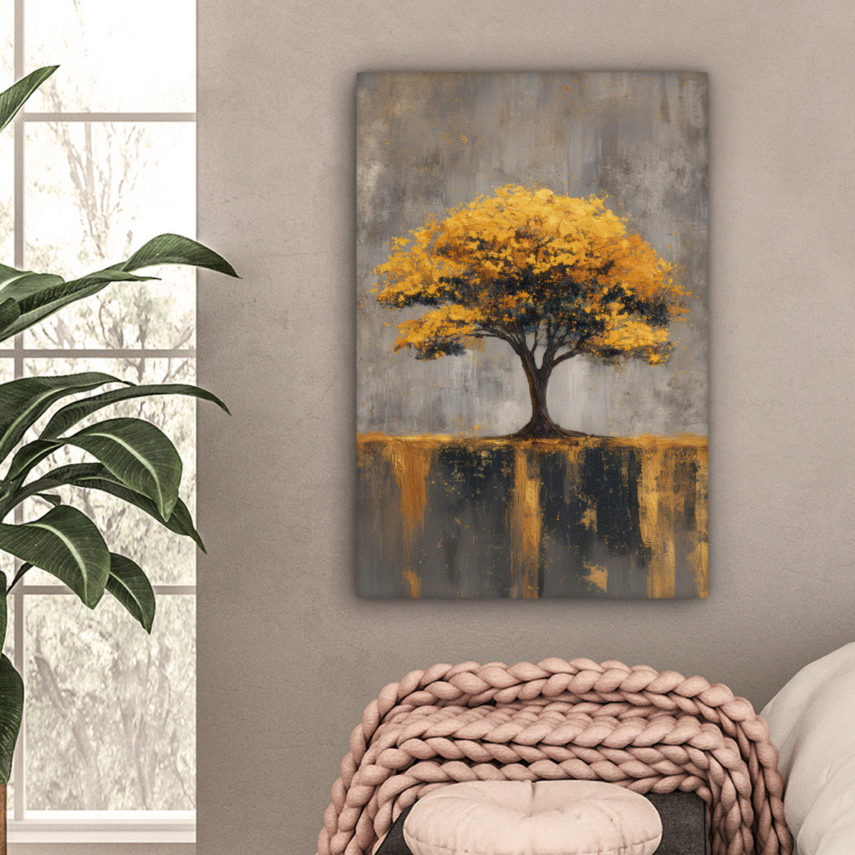 LEINWANDBILD Baum - Blätter - Gold - Abstrakt Wanddeko Schlafzimmer 60x90 cm - Grau, Textil (60/90cm) - MuchoWow