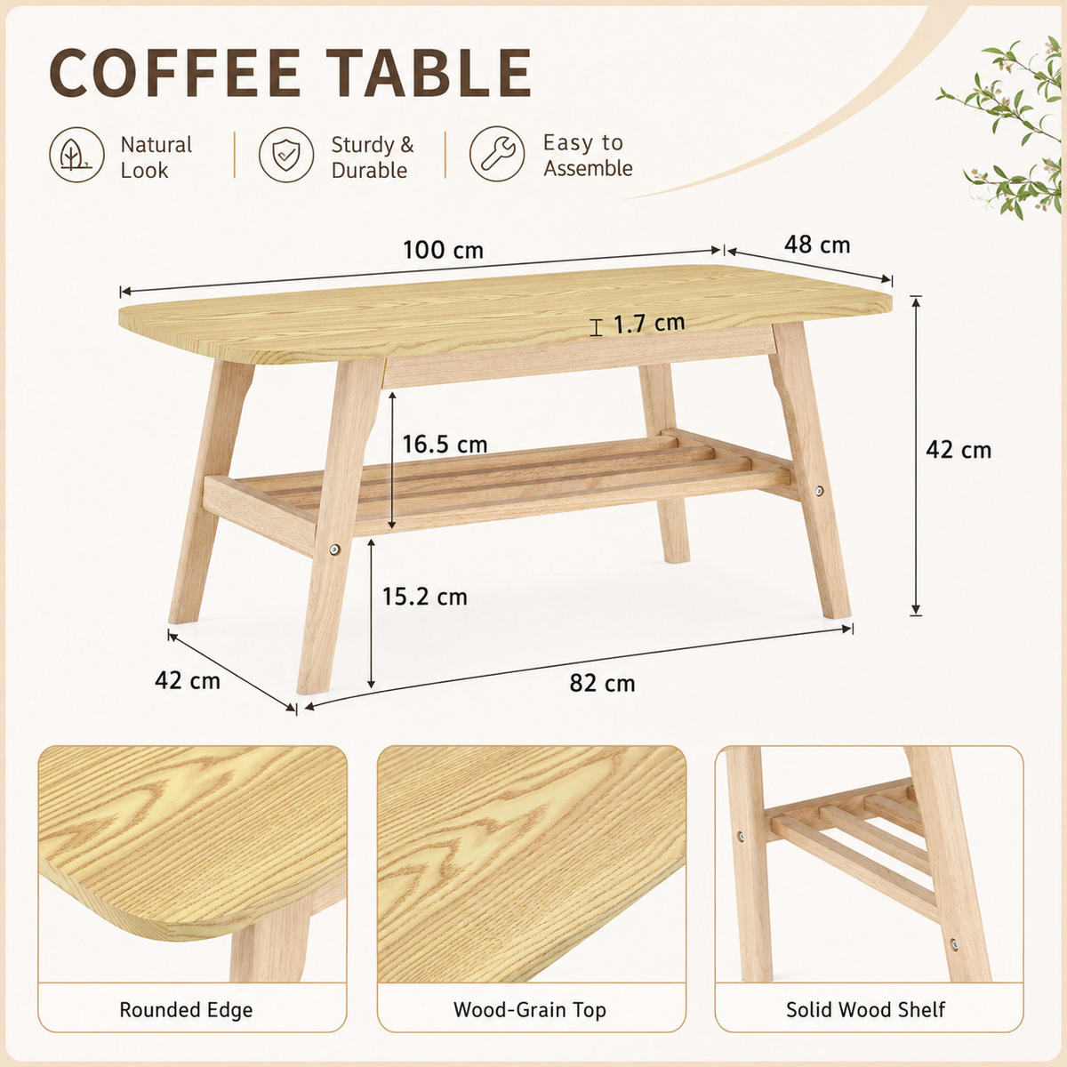 COUCHTISCH DE-37426 rechteckig mit zweistöckigem Stauraum Naturholz - Naturfarben, Holz (100/48/42.5cm) - ComfortXL
