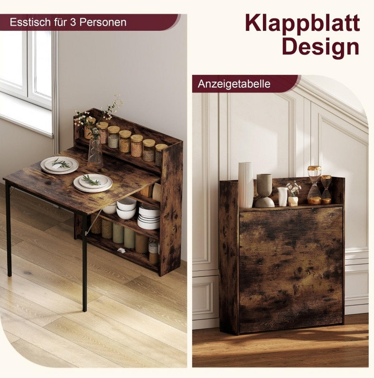 ESSTISCH 80/90/93 cm klappbar mit 3 Regalfächern im Industrial-Stil, Rustikalbraun - Braun, Holz (90/80/93cm) - Redom