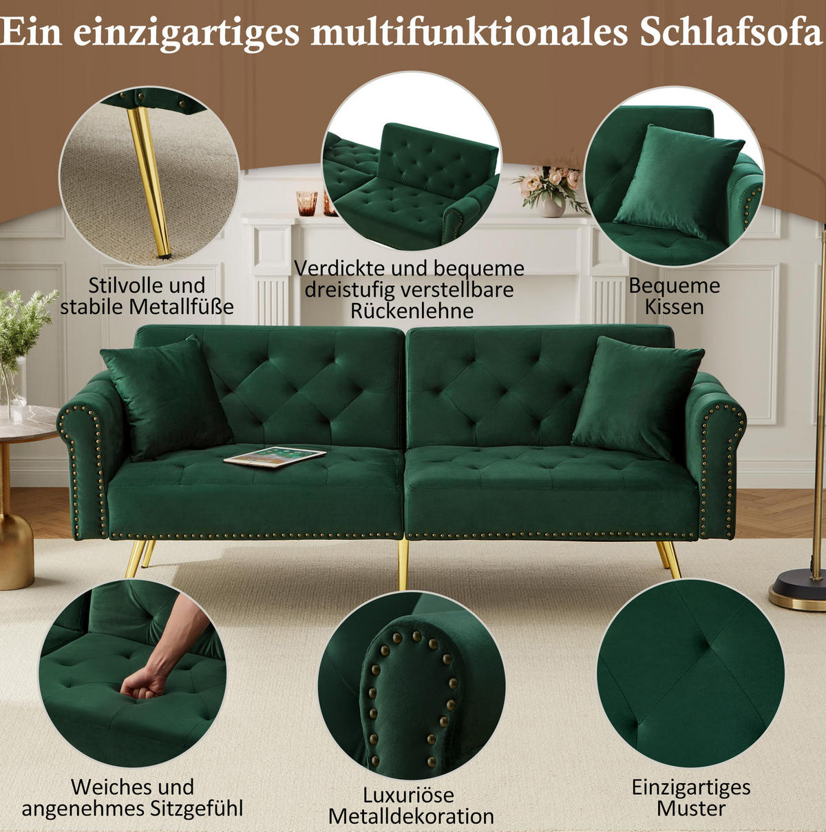 ROZKLÁDACÍ pohovka 147/85 cm s 3polohovým nastavením opěradla, sametovým potahem a zlatými kovovými nohami, Zelená - zelená barva, textil (70/173/75cm) - Redom
