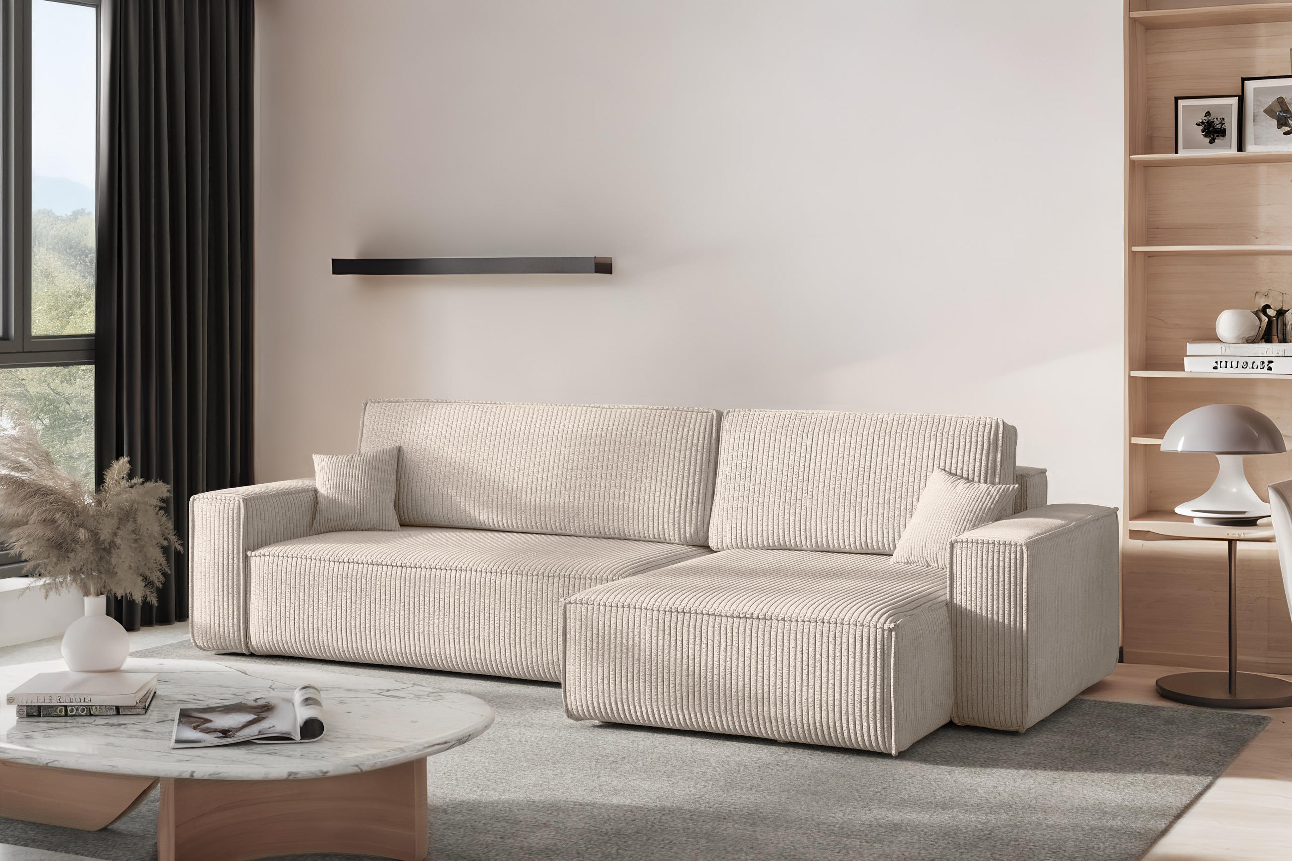 ECKSOFA Mit Schlaffunktion Und Bettkasten, Eckcouch BEST XL Stoff Poso Dicker Cord Beige Rechts - Creme/Schwarz, Holz/Kunststoff (274/142cm) - Kaiser Möbel