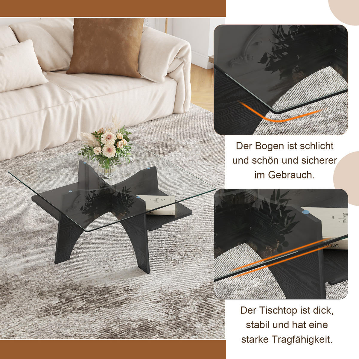 COUCHTISCH aus MDF und Glas 80x80x40 cm in Schwarz mit Ablagefach - Schwarz, Glas (80/80/40cm) - Modfu