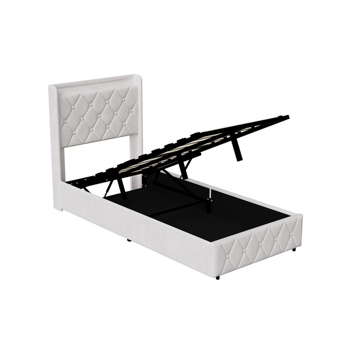 POLSTERBETT 90x200 cm mit hydraulischem Stauraum - Kopfteil Regal & LED - USB - ohne Matratze - Beige - Beige, Textil (90/200cm) - DELFA