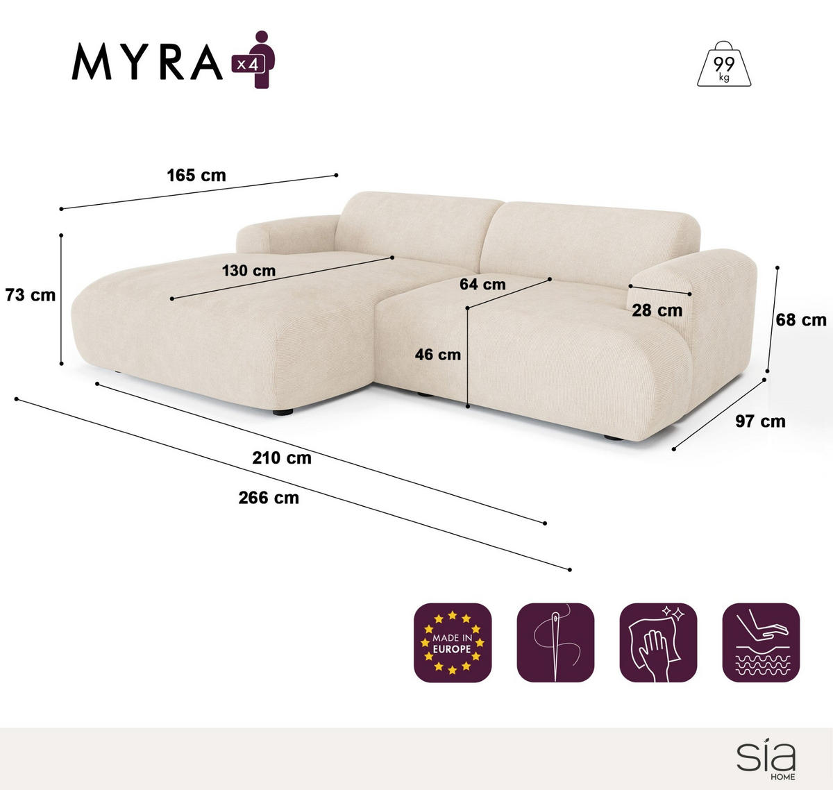 ECKSOFA LINKS Rastergewebe Olivgrün 266cm - Olivgrün, Textil (165/266cm) - Sia Home