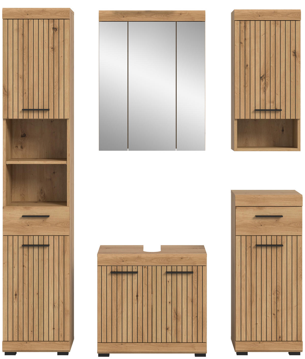 BADMÖBEL-SET 5-teilig Eiche Artisan 164 x 191 cm, Komplettset mit viel Stauraum - Schwarz/Eiche Artisan, Glas/Holzwerkstoff (164/191/34cm) - Inn.Furn