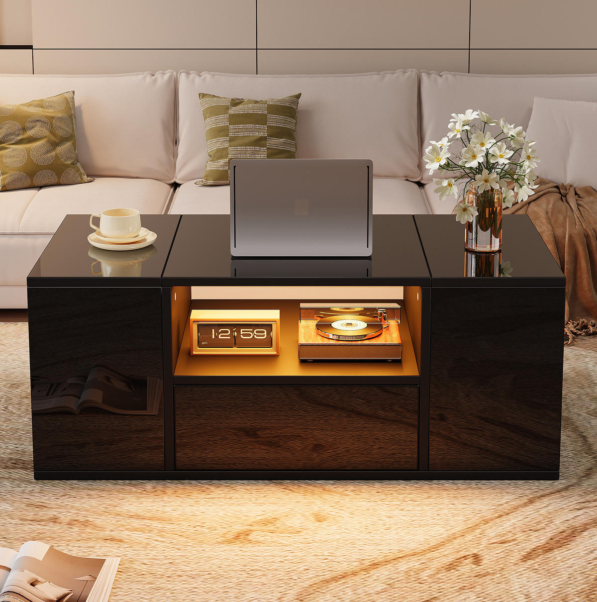COUCHTISCH 100/50/40 cm mit LED-Beleuchtung, 1 Schublade und 6 Stauraumfächern, Hochglanz Schwarz - Schwarz, Holzwerkstoff (100/50/40cm) - Modfu